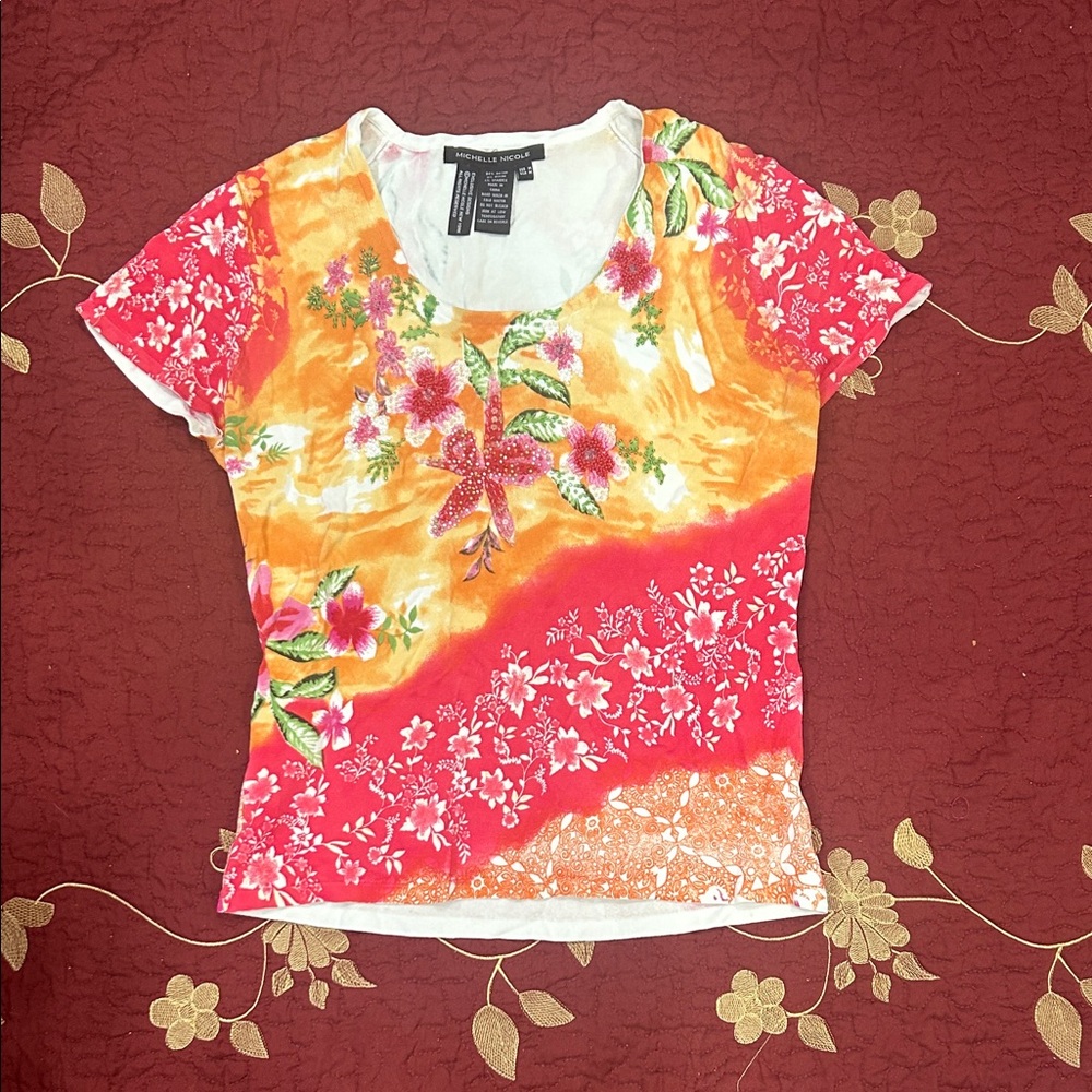 Michelle Nicole Vibrant Red and Orange Embelished Floral Tee